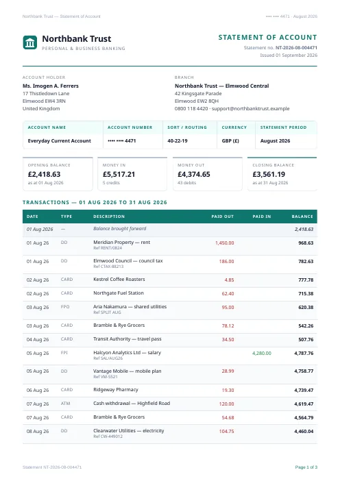 Bank account statement PDF template