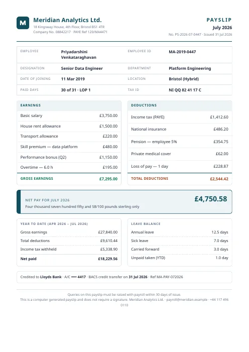 Monthly payslip PDF template
